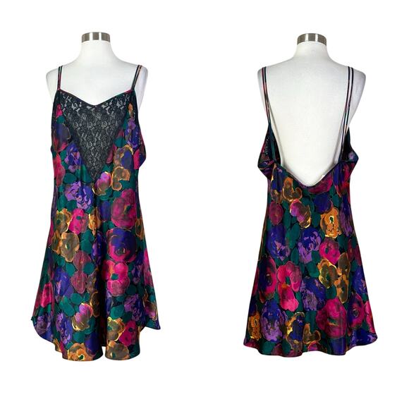 Vintage | 90s Intimate Pleasures Lace Black Colorful Floral Low Back Nightie XL - Picture 1 of 11